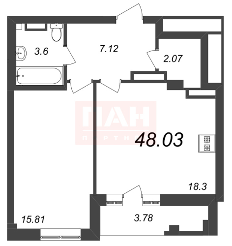 1-комнатная квартира, 48.03 м²; этаж: 5 - купить в Санкт-Петербурге