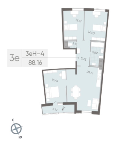 3-комнатная квартира №14 в: Морская набережная SeaView II: 88.16 м²; этаж: 14 - купить в Санкт-Петербурге