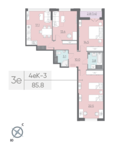 3-комнатная квартира, 85.8 м²; этаж: 15 - купить в Санкт-Петербурге