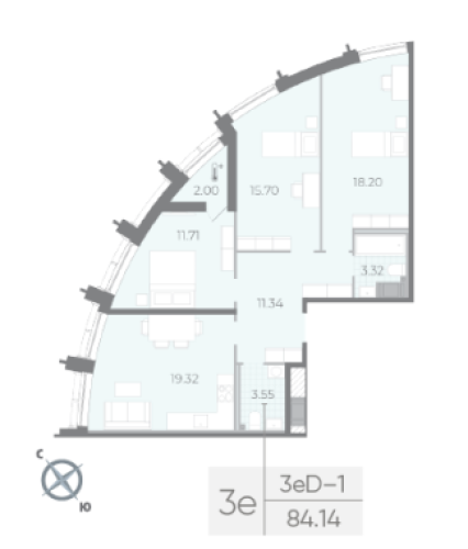 3-комнатная квартира №14 в: Морская набережная SeaView II: 84.14 м²; этаж: 13 - купить в Санкт-Петербурге