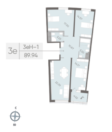 3-комнатная квартира №14 в: Морская набережная SeaView II: 89.94 м²; этаж: 3 - купить в Санкт-Петербурге