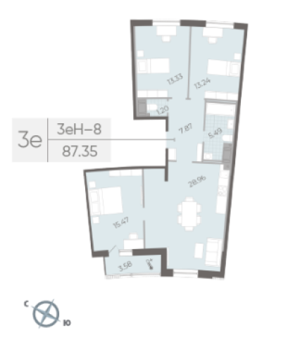 3-комнатная квартира №14 в: Морская набережная SeaView II: 87.35 м²; этаж: 14 - купить в Санкт-Петербурге