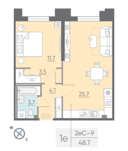 1-комнатная квартира №57 в: ЦИВИЛИЗАЦИЯ НА НЕВЕ: 48.7 м²; этаж: 2 - купить в Санкт-Петербурге