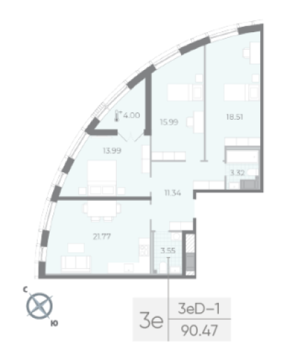 3-комнатная квартира №14 в: Морская набережная SeaView II: 90.47 м²; этаж: 11 - купить в Санкт-Петербурге