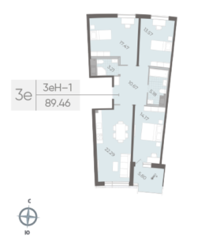 3-комнатная квартира №14 в: Морская набережная SeaView II: 89.46 м²; этаж: 9 - купить в Санкт-Петербурге
