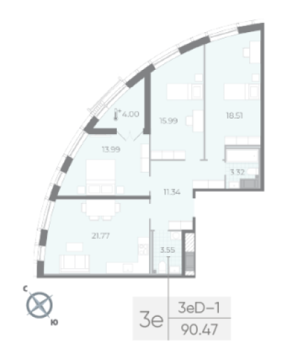 3-комнатная квартира №14 в: Морская набережная SeaView II: 90.47 м²; этаж: 7 - купить в Санкт-Петербурге