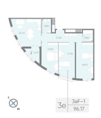 3-комнатная квартира, 96.17 м²; этаж: 5 - купить в Санкт-Петербурге