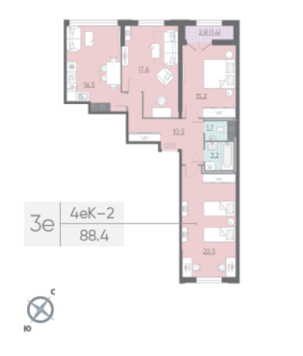3-комнатная квартира, 88.4 м²; этаж: 14 - купить в Санкт-Петербурге