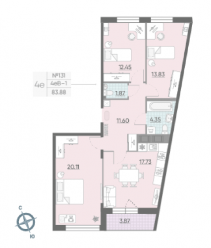 3-комнатная квартира, 84.1 м²; этаж: 14 - купить в Санкт-Петербурге