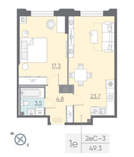 1-комнатная квартира, 49.3 м²; этаж: 3 - купить в Санкт-Петербурге