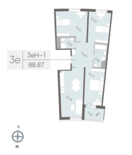 3-комнатная квартира №14 в: Морская набережная SeaView II: 88.87 м²; этаж: 11 - купить в Санкт-Петербурге