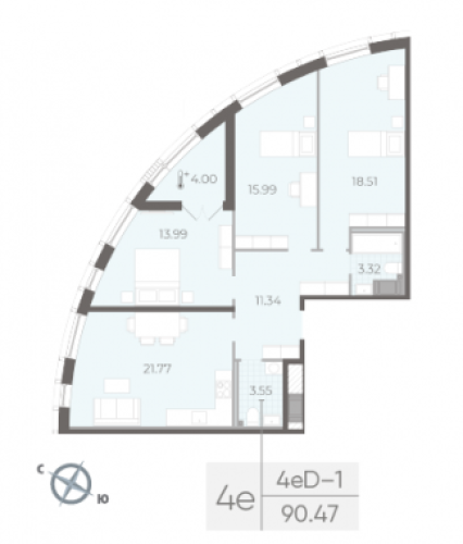 3-комнатная квартира №14 в: Морская набережная SeaView II: 90.47 м²; этаж: 10 - купить в Санкт-Петербурге