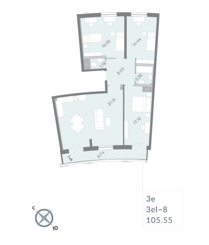 3-комнатная квартира, 105.55 м²; этаж: 16 - купить в Санкт-Петербурге