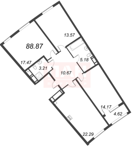 3-комнатная квартира, 88.87 м²; этаж: 12 - купить в Санкт-Петербурге