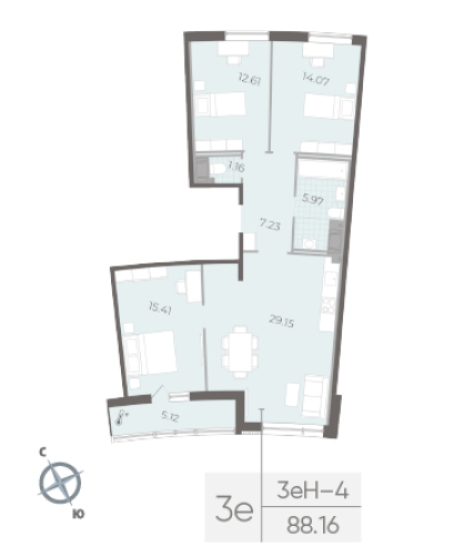 3-комнатная квартира, 88.16 м²; этаж: 14 - купить в Санкт-Петербурге