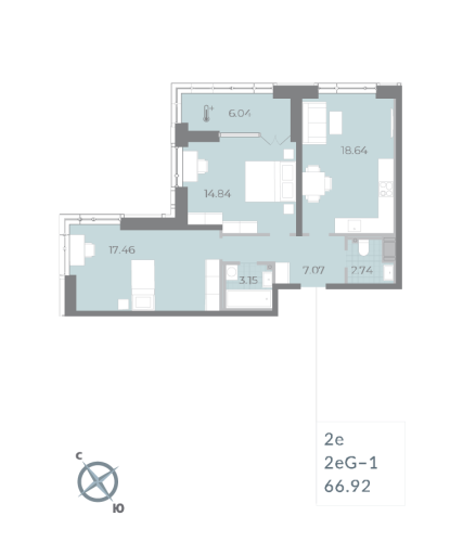 2-комнатная квартира, 66.92 м²; этаж: 14 - купить в Санкт-Петербурге