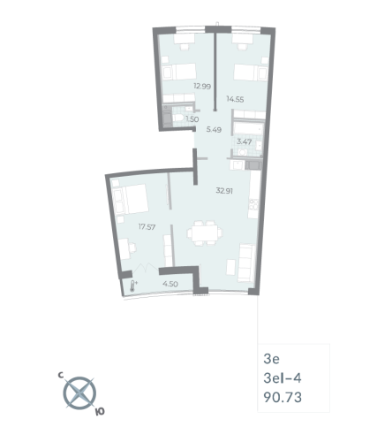 3-комнатная квартира, 90.73 м²; этаж: 16 - купить в Санкт-Петербурге