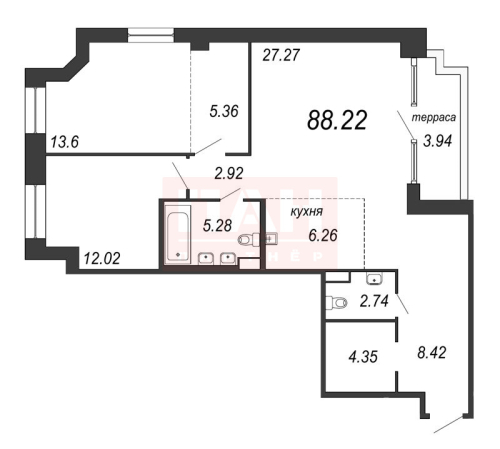 2-комнатная квартира, 89.4 м²; этаж: 11 - купить в Санкт-Петербурге
