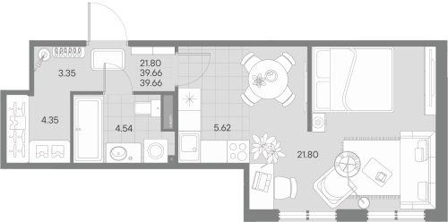 1-комнатная квартира №41 в: AMO: 39.66 м²; этаж: 5 - купить в Санкт-Петербурге
