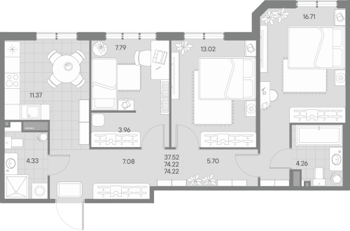 3-комнатная квартира, 74.22 м²; этаж: 5 - купить в Санкт-Петербурге