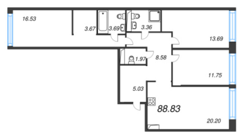 3-комнатная квартира №53 в: Avant: 88.83 м²; этаж: 4 - купить в Санкт-Петербурге