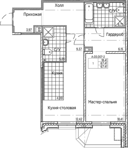 1-комнатная квартира №41 в: AMO: 67.41 м²; этаж: 3 - купить в Санкт-Петербурге
