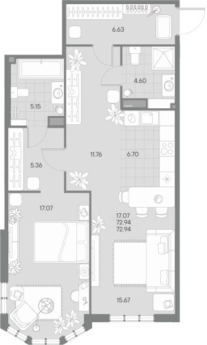 2-комнатная квартира №41 в: AMO: 72.94 м²; этаж: 4 - купить в Санкт-Петербурге