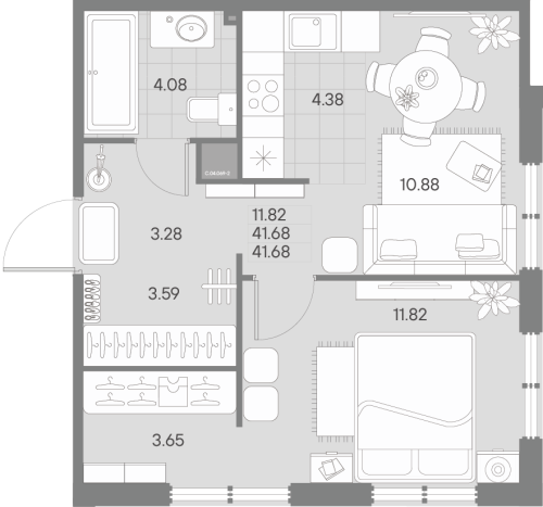 1-комнатная квартира №41 в: AMO: 41.68 м²; этаж: 4 - купить в Санкт-Петербурге