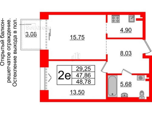 1-комнатная квартира, 47.86 м²; этаж: 3 - купить в Санкт-Петербурге