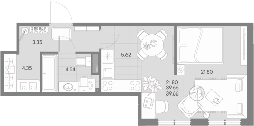 1-комнатная квартира №41 в: AMO: 39.66 м²; этаж: 3 - купить в Санкт-Петербурге
