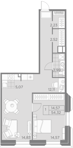 1-комнатная квартира, 54.32 м²; этаж: 7 - купить в Санкт-Петербурге