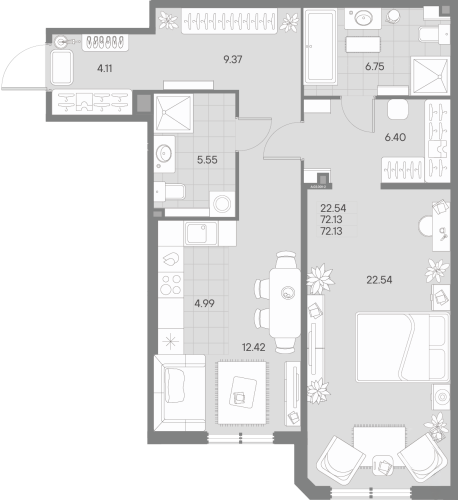 1-комнатная квартира №41 в: AMO: 72.13 м²; этаж: 2 - купить в Санкт-Петербурге