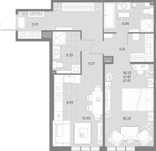 1-комнатная квартира №41 в: AMO: 67.41 м²; этаж: 5 - купить в Санкт-Петербурге