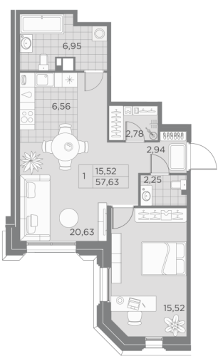 1-комнатная квартира, 57.63 м²; этаж: 4 - купить в Санкт-Петербурге