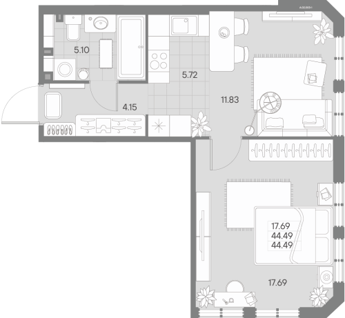 1-комнатная квартира, 44.49 м²; этаж: 2 - купить в Санкт-Петербурге