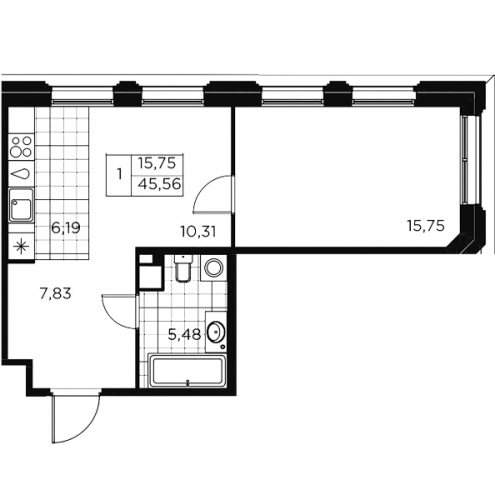 1-комнатная квартира, 45.83 м²; этаж: 7 - купить в Санкт-Петербурге
