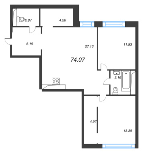 2-комнатная квартира №53 в: Avant: 74.07 м²; этаж: 7 - купить в Санкт-Петербурге