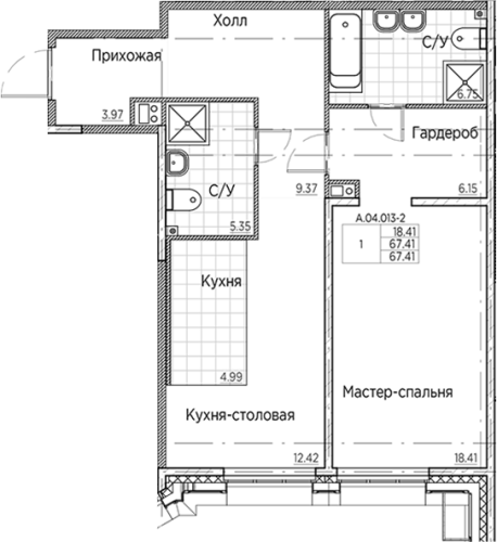 1-комнатная квартира №41 в: AMO: 67.41 м²; этаж: 4 - купить в Санкт-Петербурге