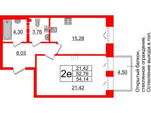 1-комнатная квартира, 52.79 м²; этаж: 2 - купить в Санкт-Петербурге