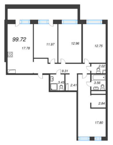 4-комнатная квартира №53 в: Avant: 99.72 м²; этаж: 2 - купить в Санкт-Петербурге