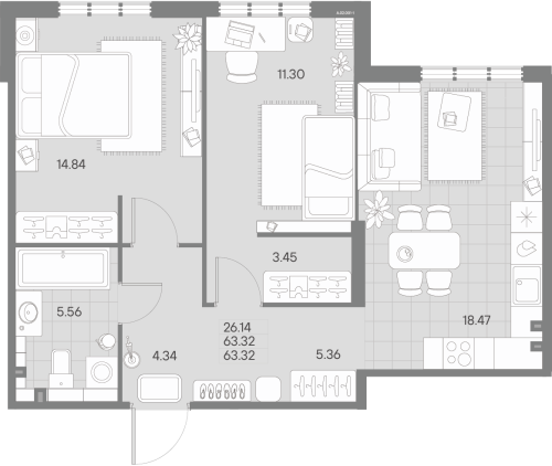 2-комнатная квартира №41 в: AMO: 63.32 м²; этаж: 2 - купить в Санкт-Петербурге