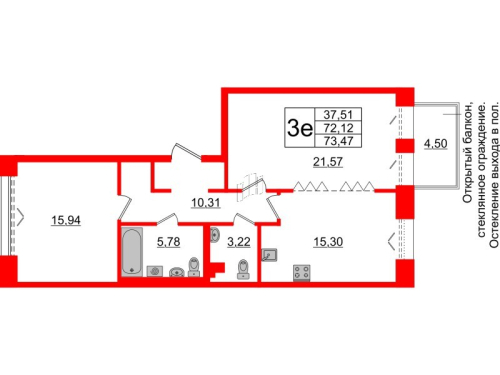 2-комнатная квартира № в: IMPERIAL CLUB: 72.12 м²; этаж: 3 - купить в Санкт-Петербурге