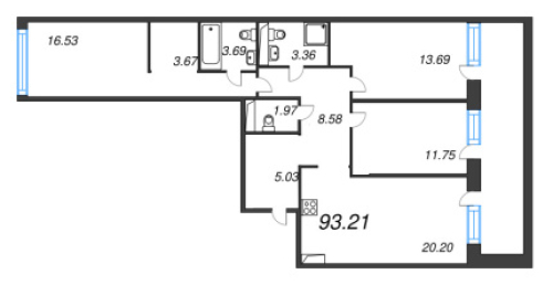 3-комнатная квартира №53 в: Avant: 93.21 м²; этаж: 2 - купить в Санкт-Петербурге
