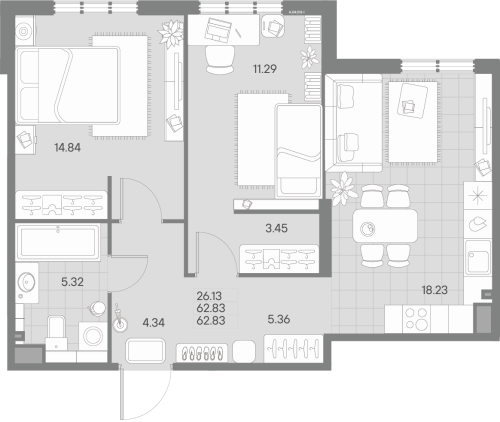 2-комнатная квартира №41 в: AMO: 62.83 м²; этаж: 4 - купить в Санкт-Петербурге