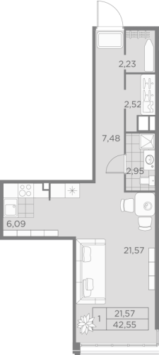 1-комнатная квартира, 42.55 м²; этаж: 2 - купить в Санкт-Петербурге