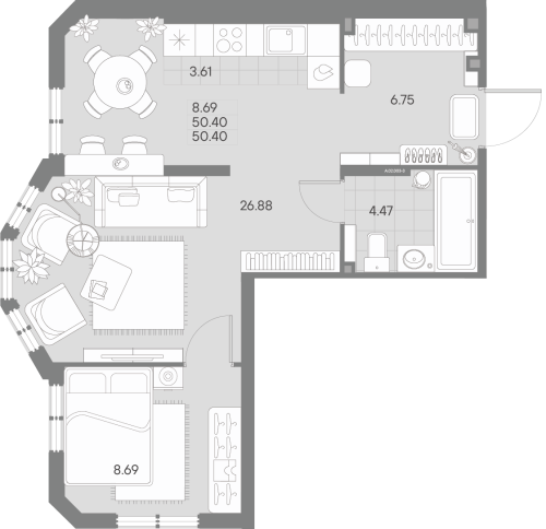 2-комнатная квартира №41 в: AMO: 50.4 м²; этаж: 2 - купить в Санкт-Петербурге