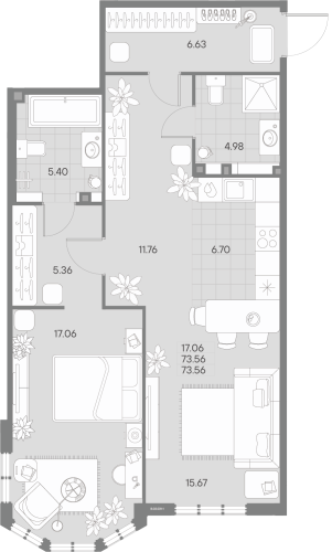 1-комнатная квартира №41 в: AMO: 73.56 м²; этаж: 2 - купить в Санкт-Петербурге