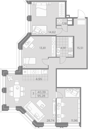 3-комнатная квартира, 95.28 м²; этаж: 3 - купить в Санкт-Петербурге