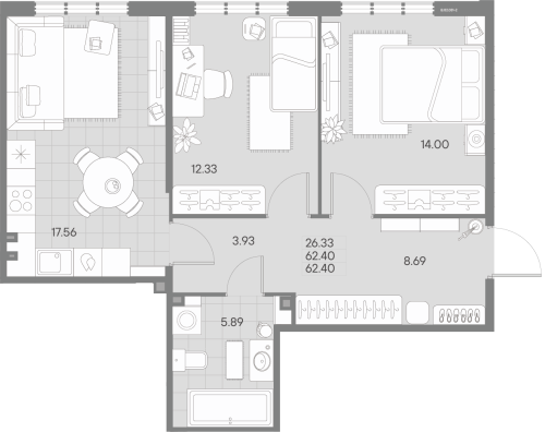 2-комнатная квартира №41 в: AMO: 62.4 м²; этаж: 2 - купить в Санкт-Петербурге