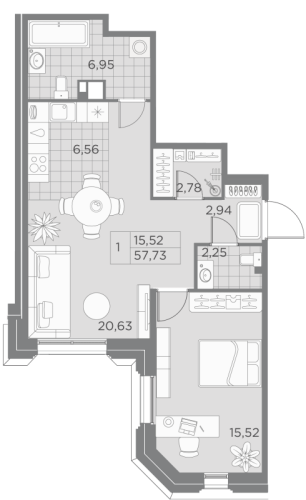 1-комнатная квартира, 57.2 м²; этаж: 6 - купить в Санкт-Петербурге